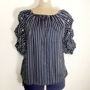Navy Stripe Off-Shoulder Ruffle Sleeve Top - Women
